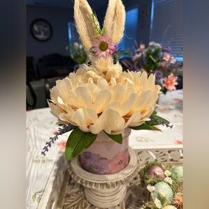 Handmade*Spring Bunny Floral Arrangement - Peach Artificial Flower Centerpiece